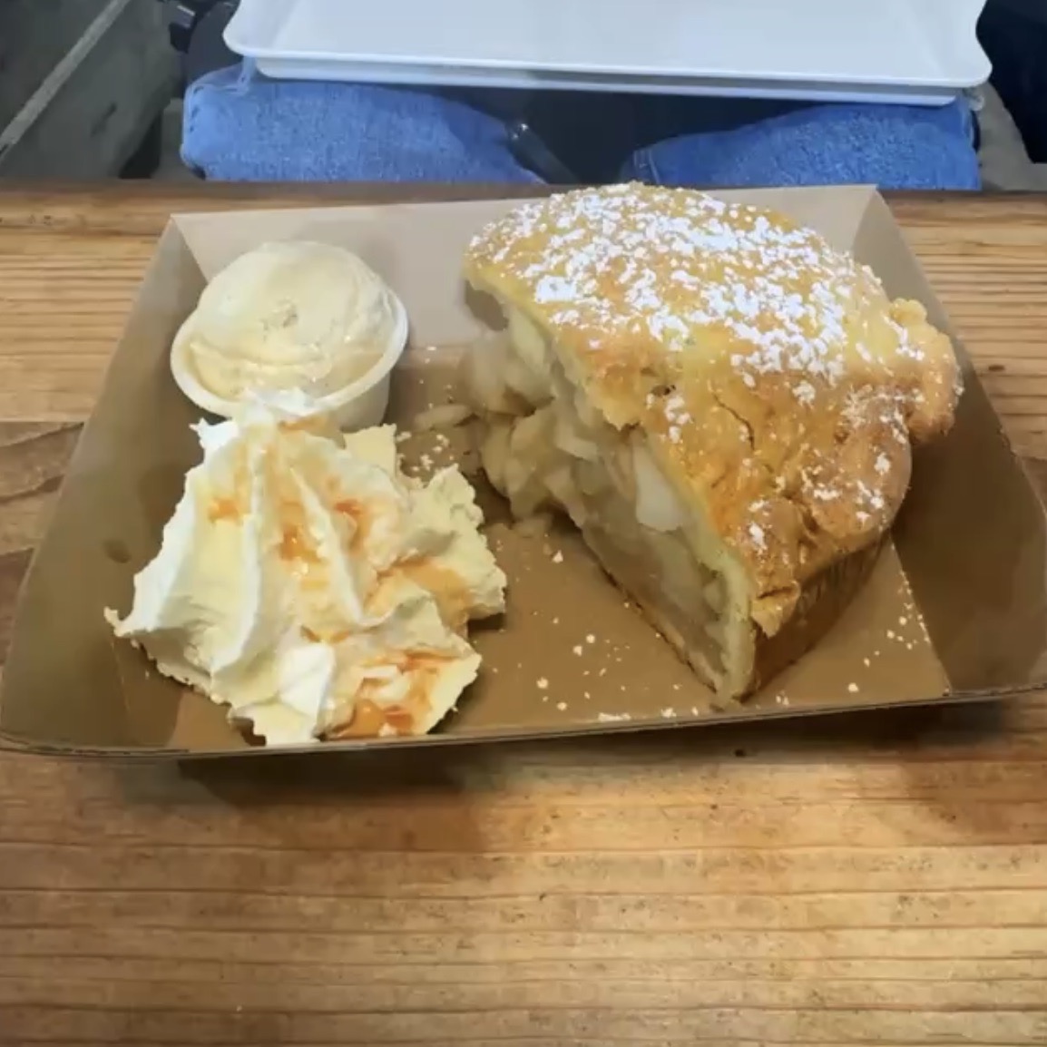 Apple pie with cream and Apple cider ice cream.